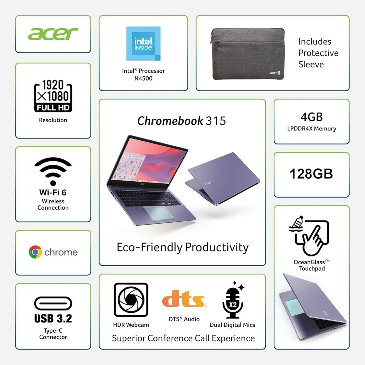 ⁦acer Chromebook 315 (15.6" FHD, Intel Celeron N4500, 4GB RAM, 128GB Storage (64GB eMMC + 64GB SD Card) Home & Student Laptop, 10-Hr Long Battery Life, IST Hub, Wi-Fi 6, Webcam, Chrome OS, Purple⁩ - الصورة ⁦3⁩