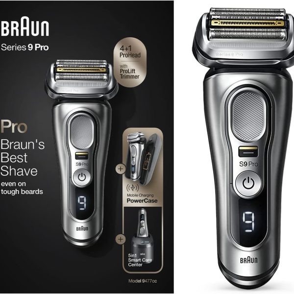 Braun Series 9 Shaver 9477Cc 4+1 Pro Head - Pro Electric Shaver With Mobile Charging Powercase, Silver