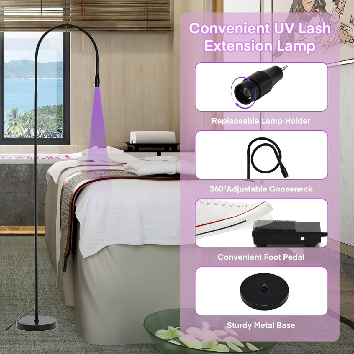 ⁦MYSWEETY UV Lash Light for Light Curing UV Eyelash Glue, 5W LED Eyelash Extensions Nail Tech Glue Lamp with Foot Pedal Control, Glue Cured in 2-3 Seconds, 10 Eye Patch+Goggles, Adjustable Spot Size⁩ - الصورة ⁦5⁩