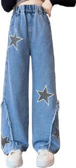 SEAUR Kids Girls Jeans Ripped Baggy Wide Leg Denim Pants High Elastic Waist Loose Straight Casual Fashion Retro Trousers with Pockets Age 5-15 Years