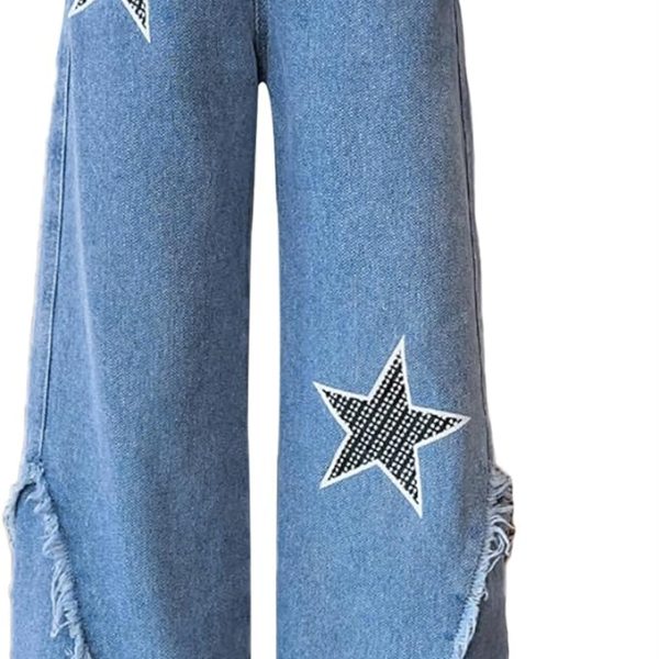SEAUR Kids Girls Jeans Ripped Baggy Wide Leg Denim Pants High Elastic Waist Loose Straight Casual Fashion Retro Trousers with Pockets Age 5-15 Years