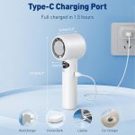 ⁦Portable Handheld Fan, 3000mAh Rechargeable Mini Turbo Fan with Digital Display, 13000 RPM High Speed, Speed Adjustable, Travel Essentials White⁩ - الصورة ⁦5⁩