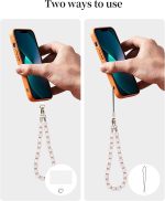 ⁦سوار معصم للايفون مزين بخرز رخامي من تزويق، سوار معصم للجوال، سلسلة مزدوجة من الجلد المطرز بالرخام، دلاية للهاتف بدون استخدام اليدين (بينك فاتح)⁩ - الصورة ⁦6⁩