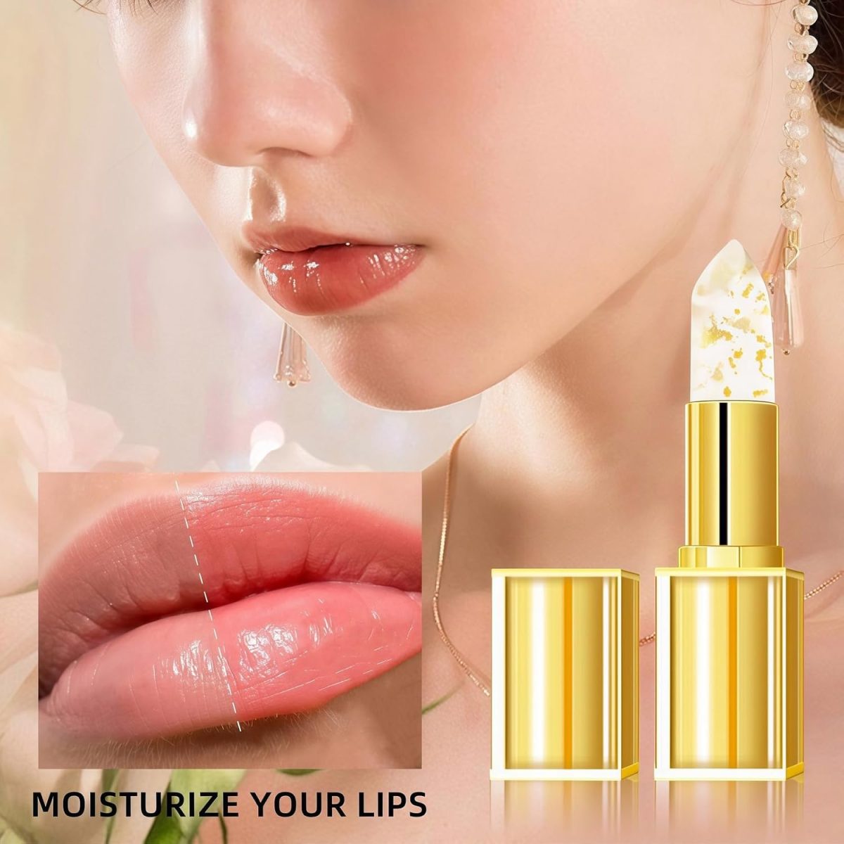 ⁦Transfer-Proof Color Changing Lipstick with Gold Foil, Gold Crystal Color Changing Lip Stick,PH Adjusting Lipsticks,Moisturizing Glossy Lip Gloss,Tinted Li/p Balm,Plumping/Glitter Lip G/loss⁩ - الصورة ⁦2⁩