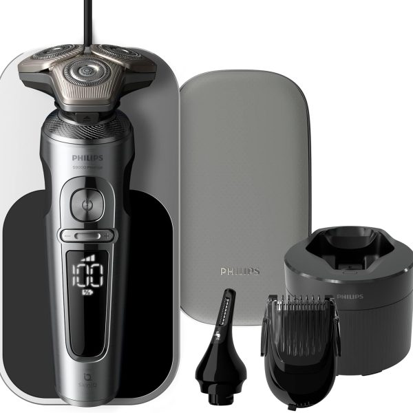 Philips Shaver Series 9000 Prestige Wet & Dry Electric Shaver Lift & Cut Shaving System SkinIQ Technology, Beard Styler, Nose Trimmer, Qi Charging Pad, Model SP9885/35 Bright Chrome Brushed