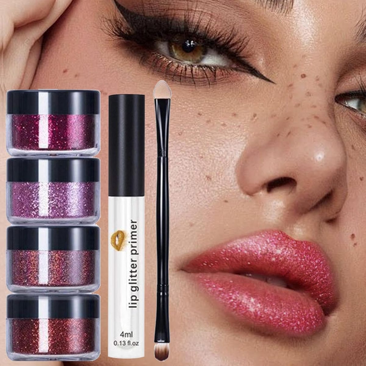⁦Glitter Lip Kit, Long Lasting Glitter Lip Powder with Primer and Brush, Shiny Cosmetics Set Glitters Lips Kit for Wife Mom Women Wedding Halloween Party Christmas Travel Family Gathering Holiday Event⁩ - الصورة ⁦7⁩