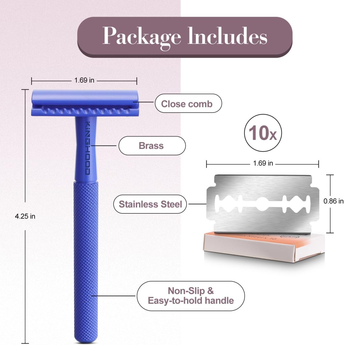 ⁦KINGHOOD Brass Single Blade Razor Safety Razor Metal Double Edge Razor One Blade Razor with 10 Blades Long Handle Weighted Eco-Friendly Reusable Razor⁩ - الصورة ⁦2⁩