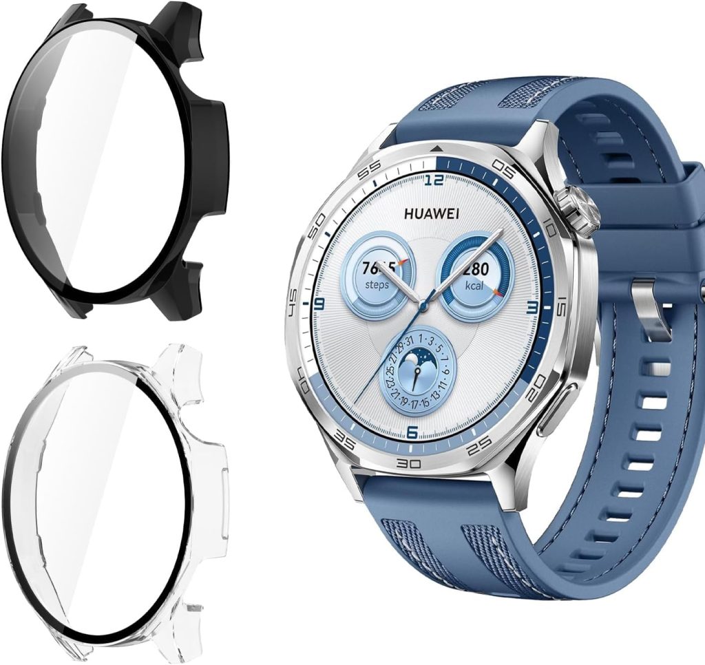 Azonee 2 Pack Case with Tempered Glass Screen Protector, Ultra Thin Scratch - Resistant Protective Case, for Huawei Watch GT 5 46 mm All-Round Protective Case (Clear+Black)
