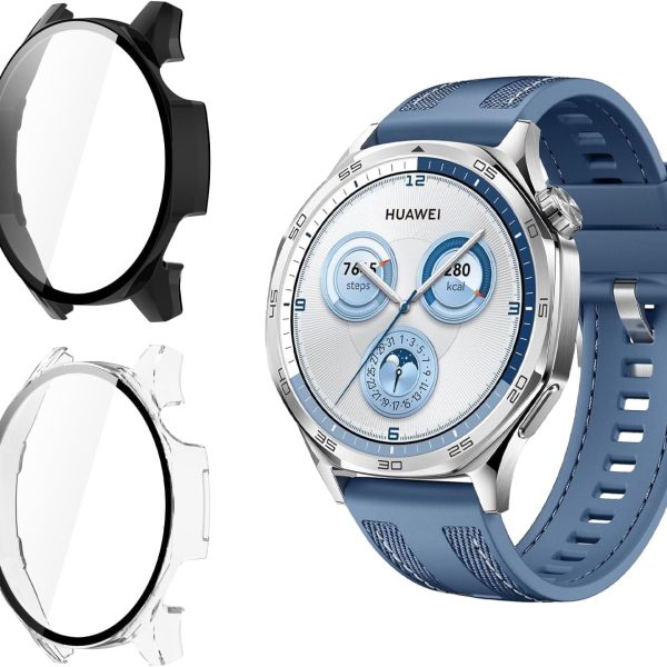Azonee 2 Pack Case with Tempered Glass Screen Protector, Ultra Thin Scratch - Resistant Protective Case, for Huawei Watch GT 5 46 mm All-Round Protective Case (Clear+Black)