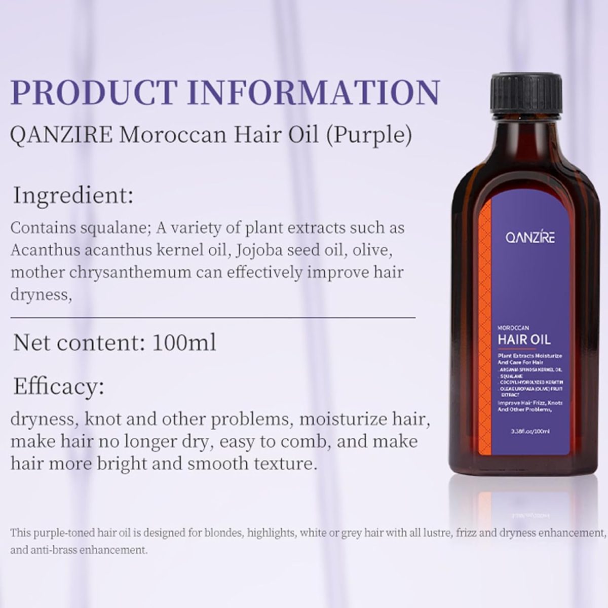 ⁦LBOYLOVE® Moroccan Argan Hair Oil, Purple Hair Essential Oil, Leave Hair Soft & Shiny, Deep Moisturizer, Frizz Control, Split End Repair for Dry & Damaged Hair, Hair Treatment Oil for Dry and Frizzy⁩ - الصورة ⁦8⁩