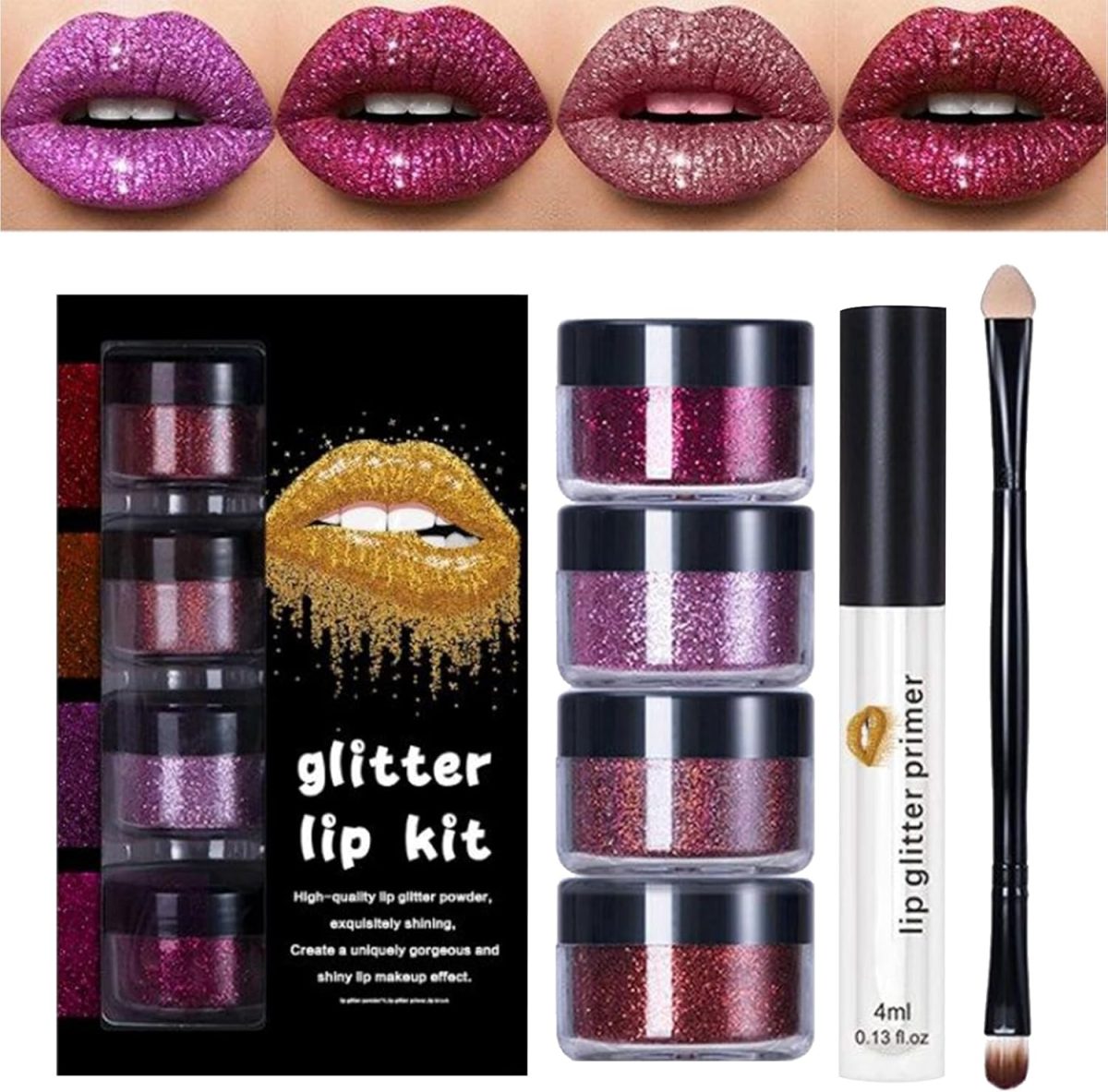 ⁦Glitter Lip Kit, Long Lasting Glitter Lip Powder with Primer and Brush, Shiny Cosmetics Set Glitters Lips Kit for Wife Mom Women Wedding Halloween Party Christmas Travel Family Gathering Holiday Event⁩ - الصورة ⁦6⁩