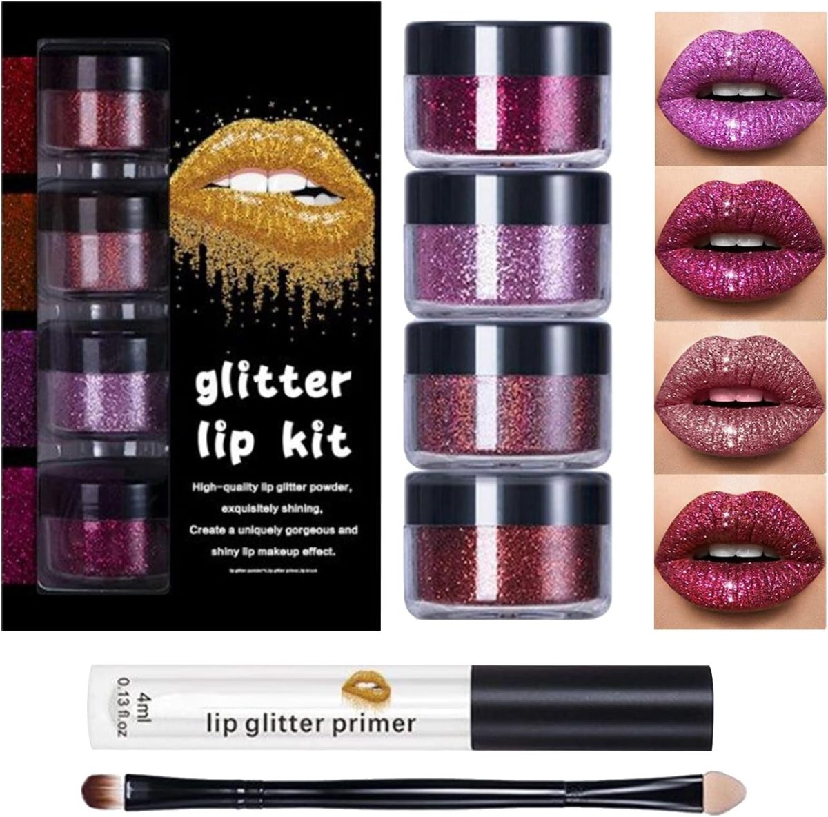 Glitter Lip Kit, Long Lasting Glitter Lip Powder with Primer and Brush, Shiny Cosmetics Set Glitters Lips Kit for Wife Mom Women Wedding Halloween Party Christmas Travel Family Gathering Holiday Event