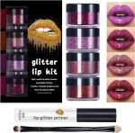 Glitter Lip Kit, Long Lasting Glitter Lip Powder with Primer and Brush, Shiny Cosmetics Set Glitters Lips Kit for Wife Mom Women Wedding Halloween Party Christmas Travel Family Gathering Holiday Event