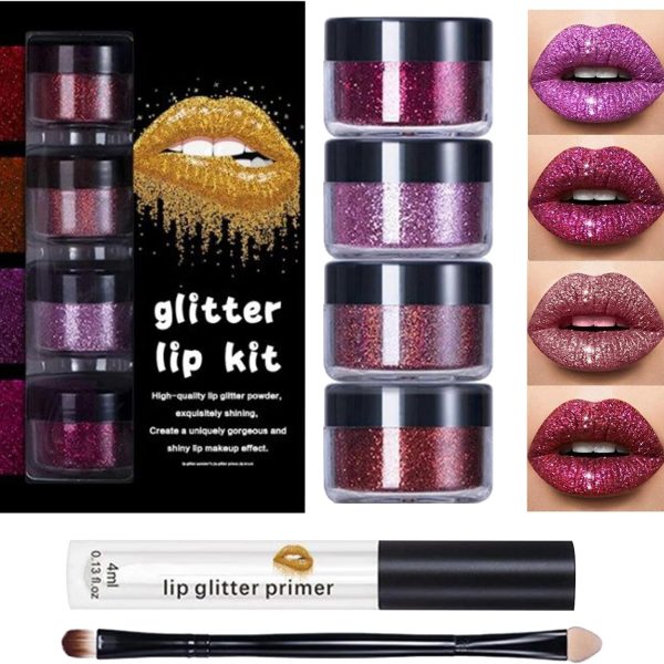 Glitter Lip Kit, Long Lasting Glitter Lip Powder with Primer and Brush, Shiny Cosmetics Set Glitters Lips Kit for Wife Mom Women Wedding Halloween Party Christmas Travel Family Gathering Holiday Event