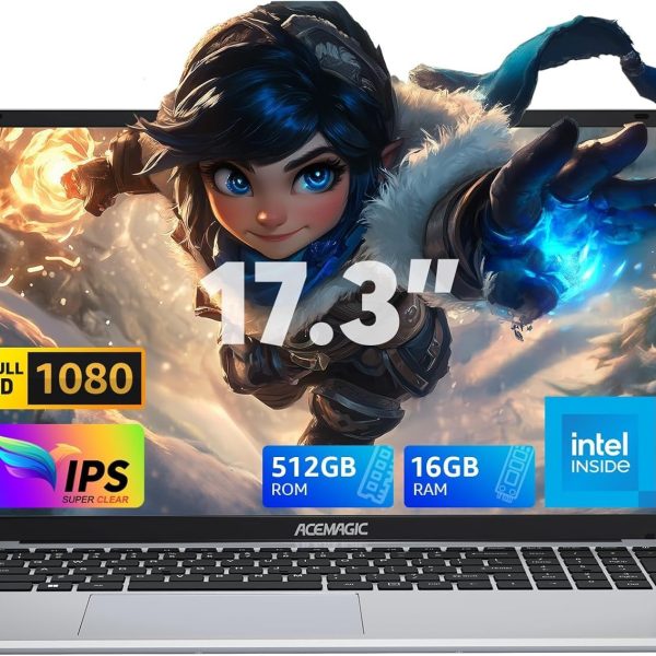 ACEMAGIC 17.3 Inch Laptop, 16GB DDR4 512GB SSD Notebook, N-97 Processor up to 3.6GHz Laptop Computer, WiFi, BT5.0, 3 x USB 3.2, 180° Opening and Closing
