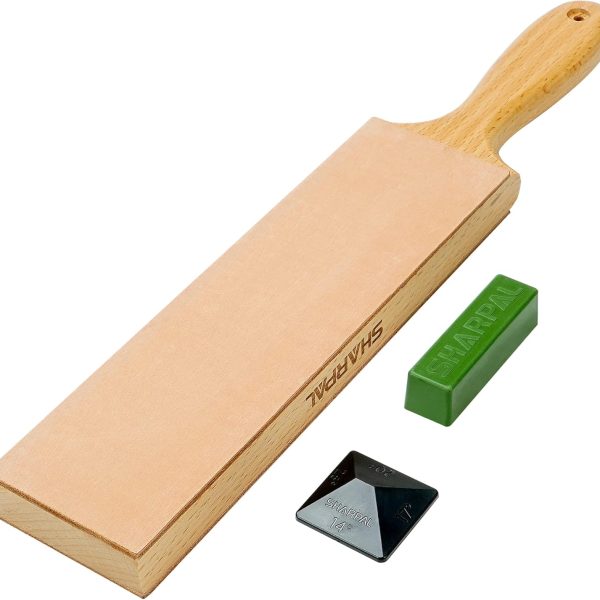 SHARPAL 205H Double-sided Leather Strop (Genuine Cowhide) 13.2" x 2.4" Kit with 2 Oz. Polishing Compound & Angle Guide, Knife Stropping Block for Sharpening & Honing Knives tools, Woodcarving Chisels