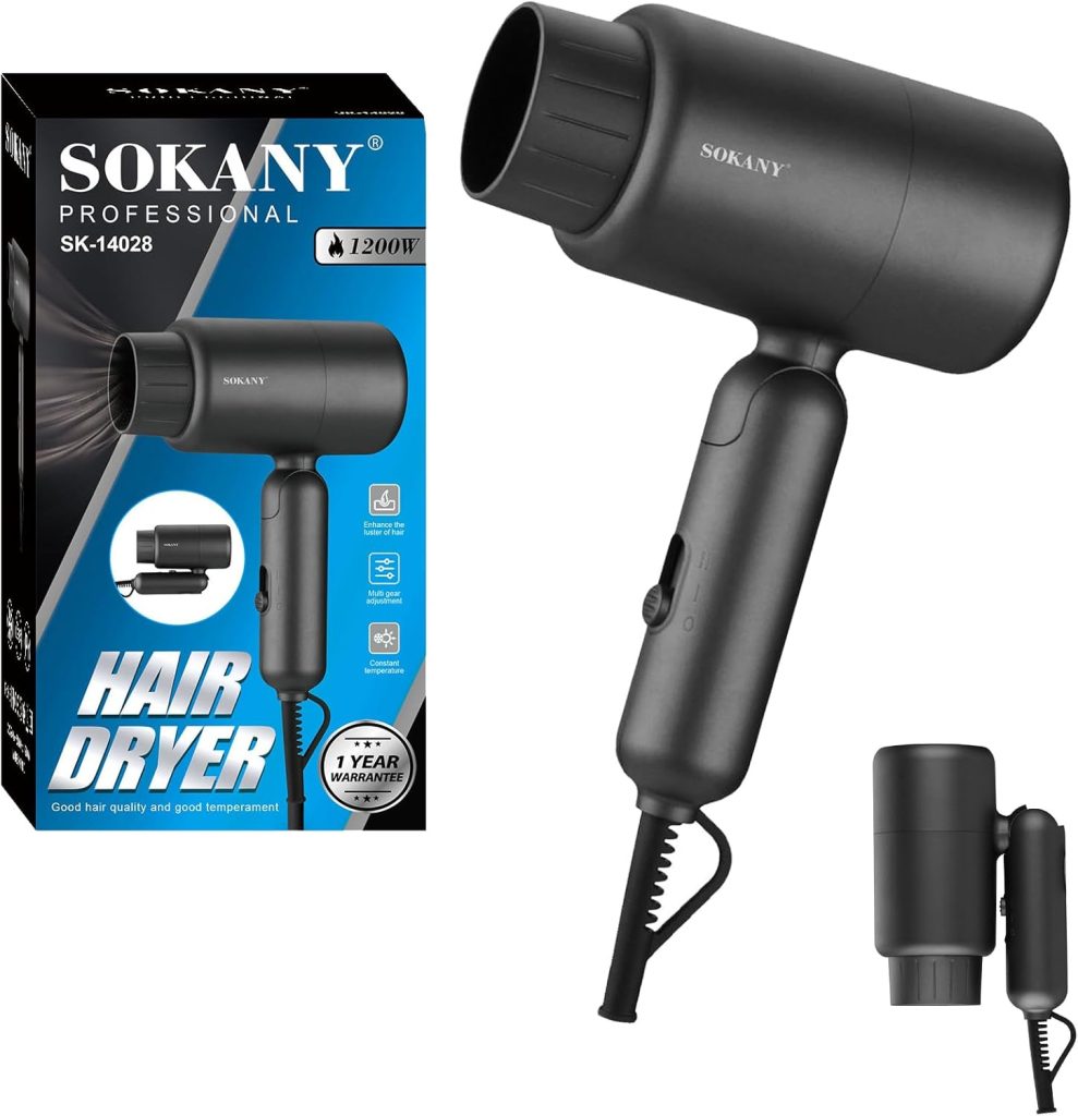 مجفف شعر قابل للطي للمنزل وصالونات السفر، مجفف شعر محمول 1200 واط بتقنية ايونية، اداة تصفيف الشعر الاحترافية مع اعدادين للسرعة، تحكم ايوني في التجعد