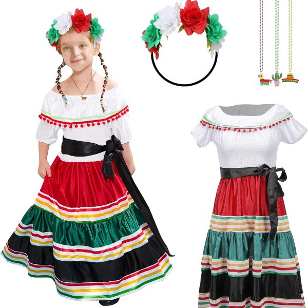 فستان مكسيكي للبنات بتصميم سينكو دي مايو وتنورة رقص فولكلوريكو تقليدية مع عقد اكليل من الزهور من جوبوكوت (للبنات، مقاس L)، البوليستر