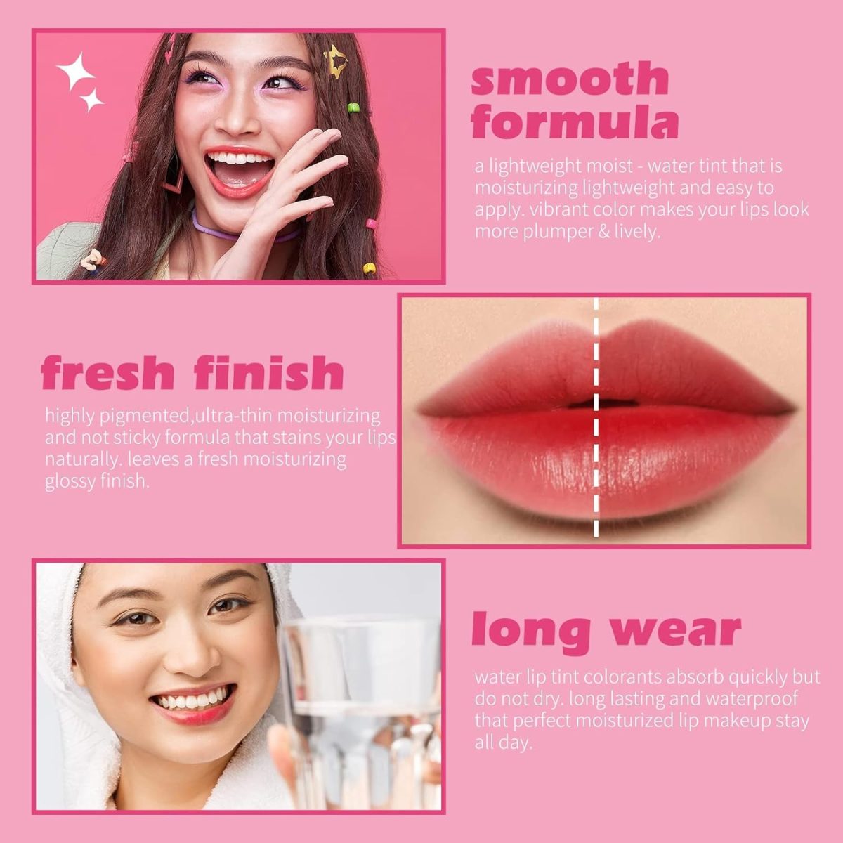 ⁦Excefore Lip Stain, 2 Pcs Vivid High Pigment Lip Tint, Long Lasting Moisturizing & Non-sticky Finish Water Lip Tint to Hydrate your Lips, 0.4 fl.oz⁩ - الصورة ⁦3⁩