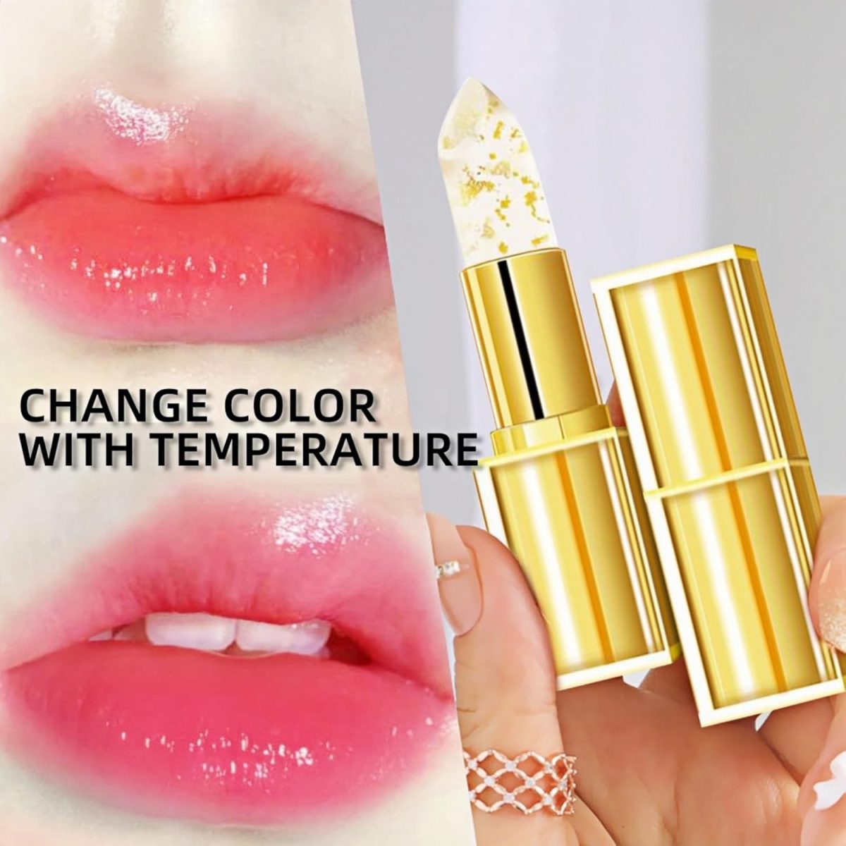 ⁦Transfer-Proof Color Changing Lipstick with Gold Foil, Gold Crystal Color Changing Lip Stick,PH Adjusting Lipsticks,Moisturizing Glossy Lip Gloss,Tinted Li/p Balm,Plumping/Glitter Lip G/loss⁩ - الصورة ⁦3⁩