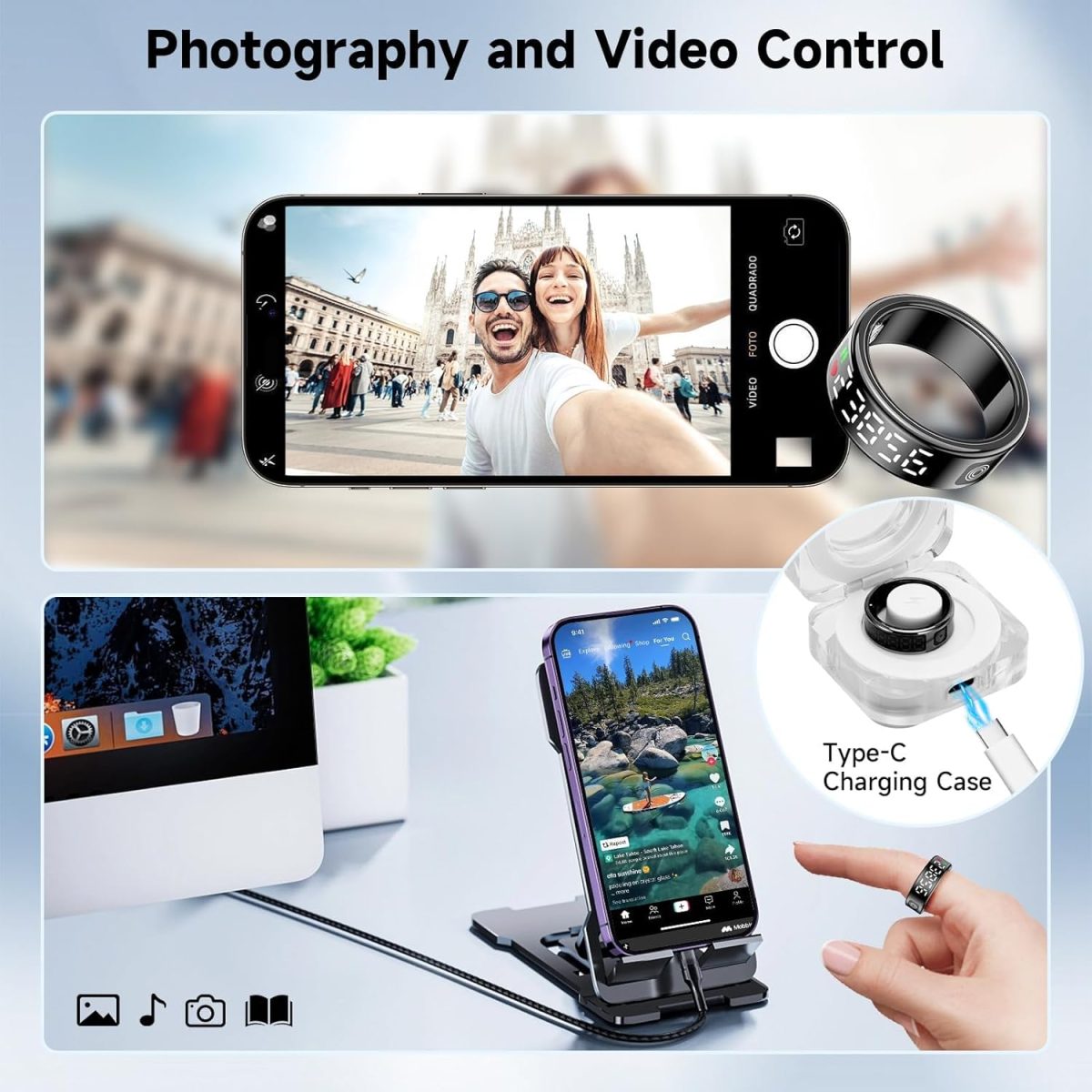 ⁦YelaJoy Smart Ring, Waterproof Health Tracker, 19MM Fitness Tracker Ring with Heart Rate Monitor,Sleep Tracker,Step Counter,Gesture Control, Compatible with IOS, Android, Black⁩ - الصورة ⁦3⁩