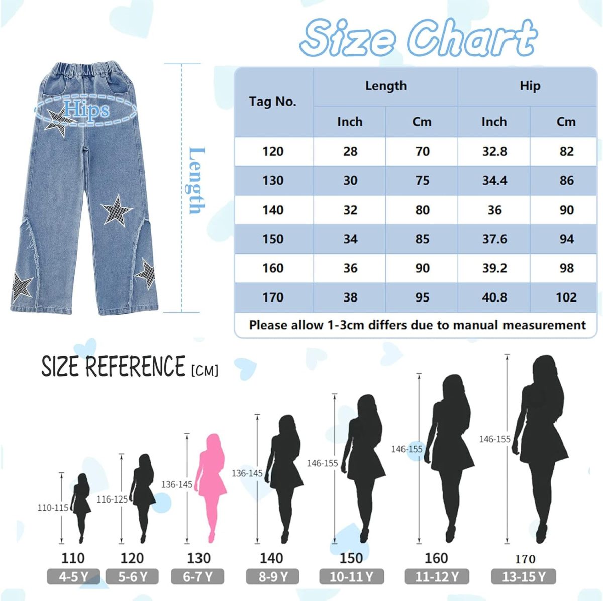 ⁦SEAUR Kids Girls Jeans Ripped Baggy Wide Leg Denim Pants High Elastic Waist Loose Straight Casual Fashion Retro Trousers with Pockets Age 5-15 Years⁩ - الصورة ⁦2⁩