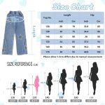 ⁦SEAUR Kids Girls Jeans Ripped Baggy Wide Leg Denim Pants High Elastic Waist Loose Straight Casual Fashion Retro Trousers with Pockets Age 5-15 Years⁩ - الصورة ⁦2⁩