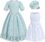 زي تنكري مستوحى من العصور القديمة للبنات، فستان براري بأكمام طويلة مزين بنمط زهور بتصميم مستوحى من الحقبة الاستعمارية للبنات بلون بينك من نووكي