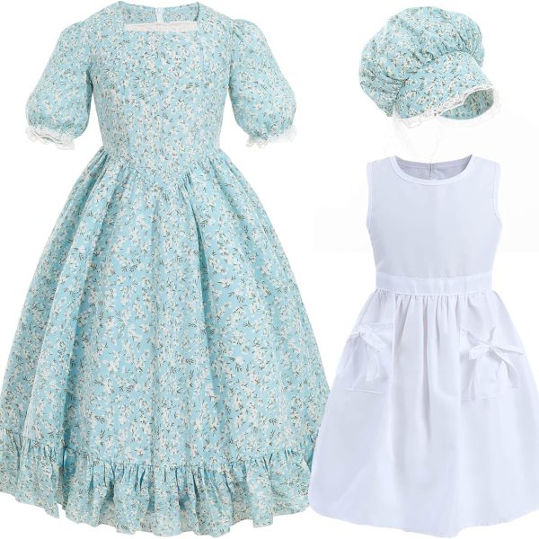 زي تنكري مستوحى من العصور القديمة للبنات، فستان براري بأكمام طويلة مزين بنمط زهور بتصميم مستوحى من الحقبة الاستعمارية للبنات بلون بينك من نووكي