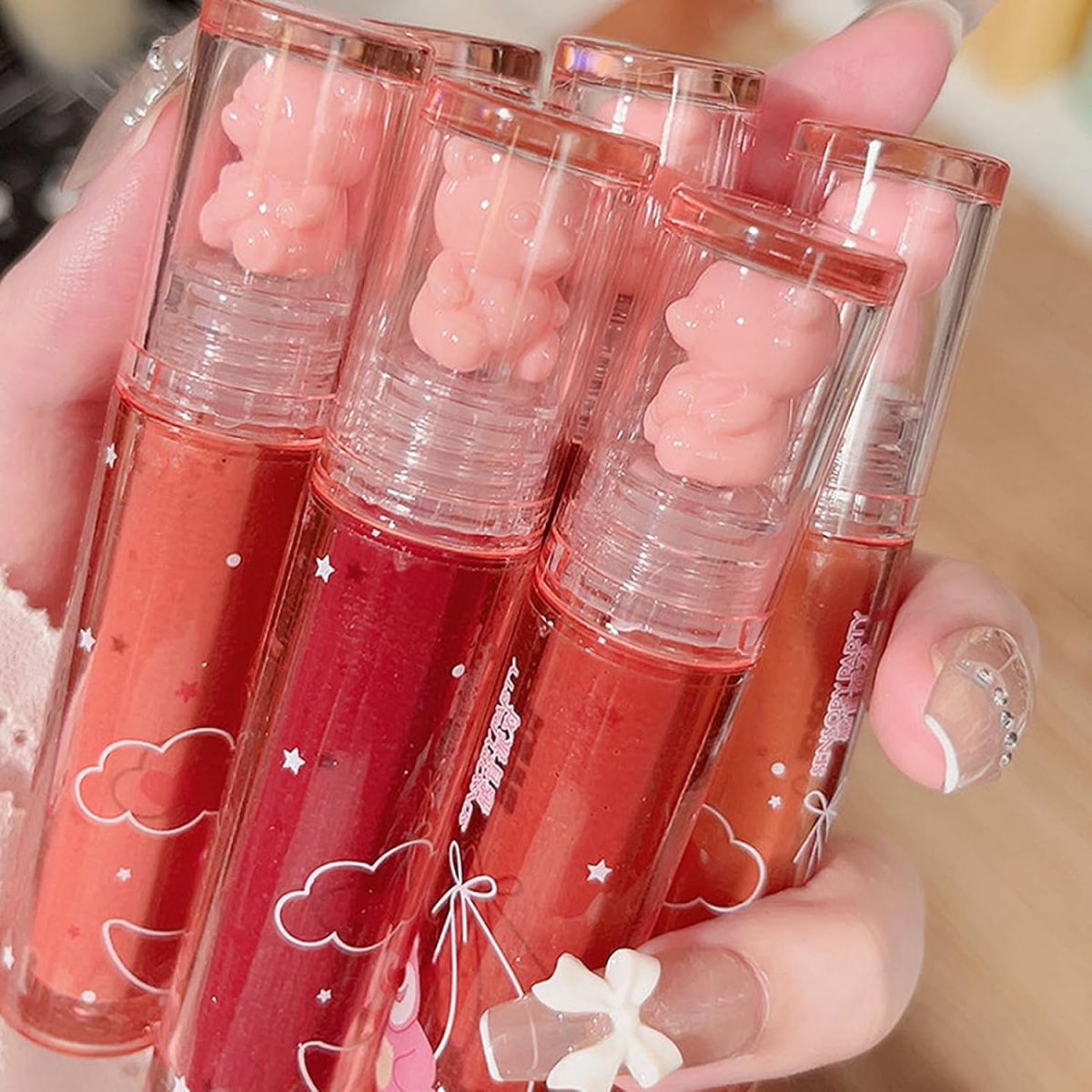 ⁦LuckNest 6Pcs Bear Lip Glaze Jelly Lipstick, Liquid Lipstick Cute Bear Lipgloss Moisturizing Lip Stain Plumping Water Lip Gloss Waterproof Long Lasting Cheek Rouge Tint Cosmetics Beauty Makeup⁩ - الصورة ⁦7⁩