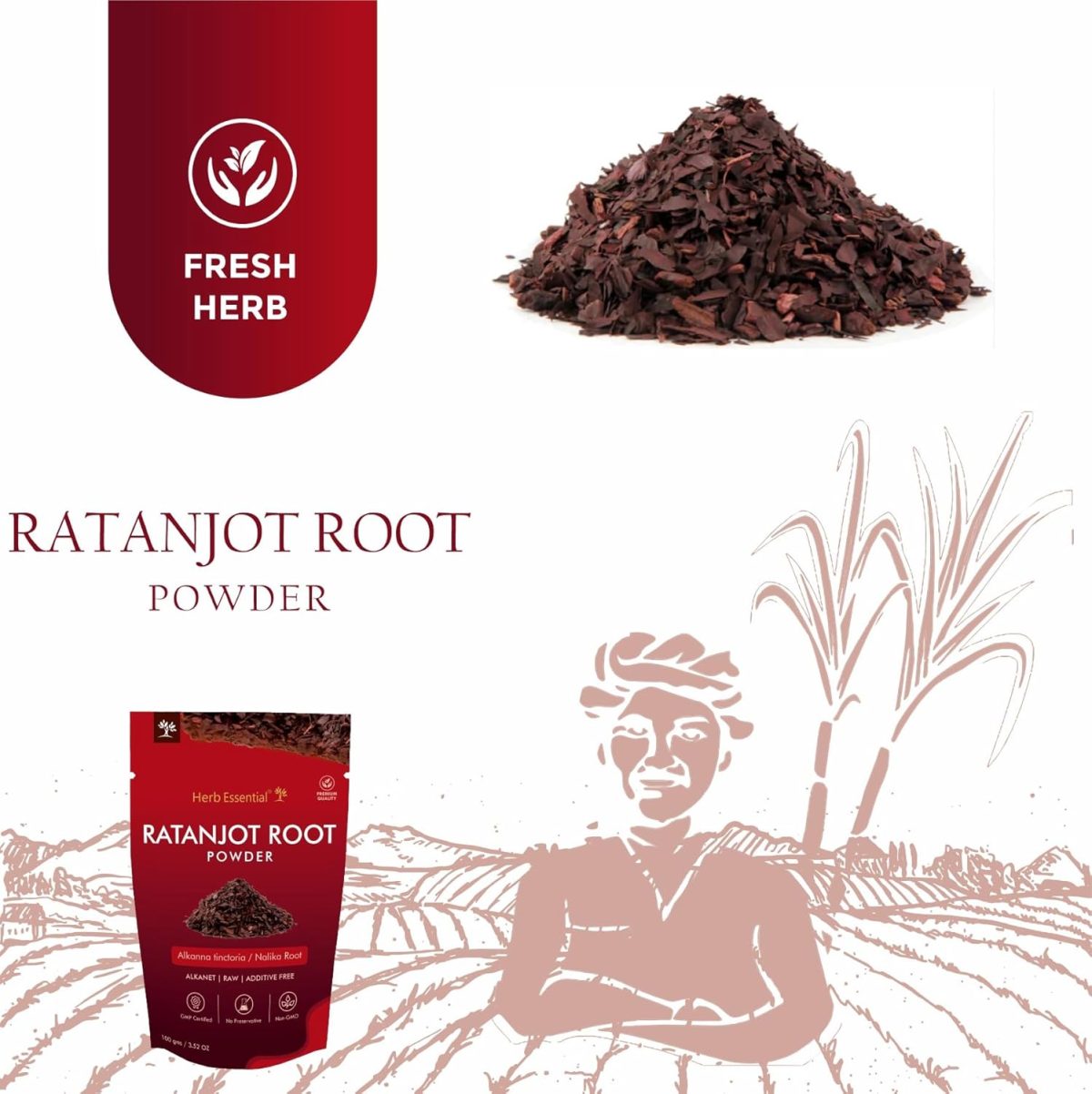 ⁦Herb Essential Ratanjot Powder Pack of 2(100g Each)|100% Pure Natural Alkanet Root for Hair Conditioning|Natural Shine & Skin Radiance|Vegan & Paraben-Free.⁩ - الصورة ⁦5⁩