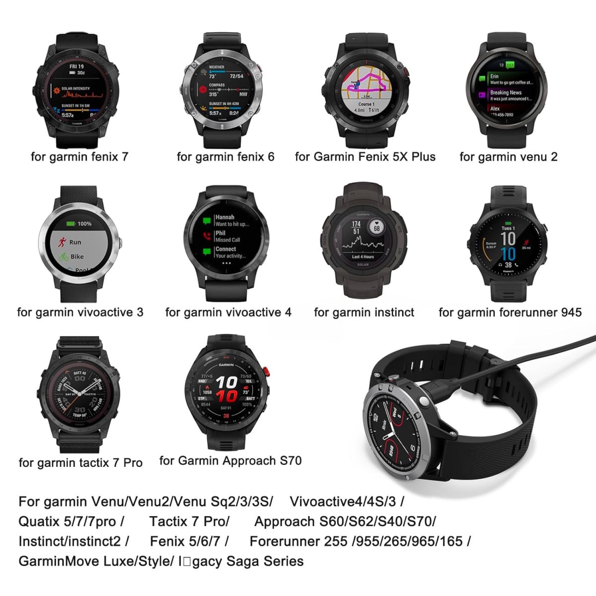 ⁦Zoye for Garmin Watch Charger, USB/Type C Charging Cable for Garmin Fenix 7 7S 7X 6 6S 6X 5 5S, Forerunner 945 45 45S 245 Music, Vivoactive 5 4 4S 3, Venu Sq 2 2S, Instinct (USB C 50CM)⁩ - الصورة ⁦6⁩