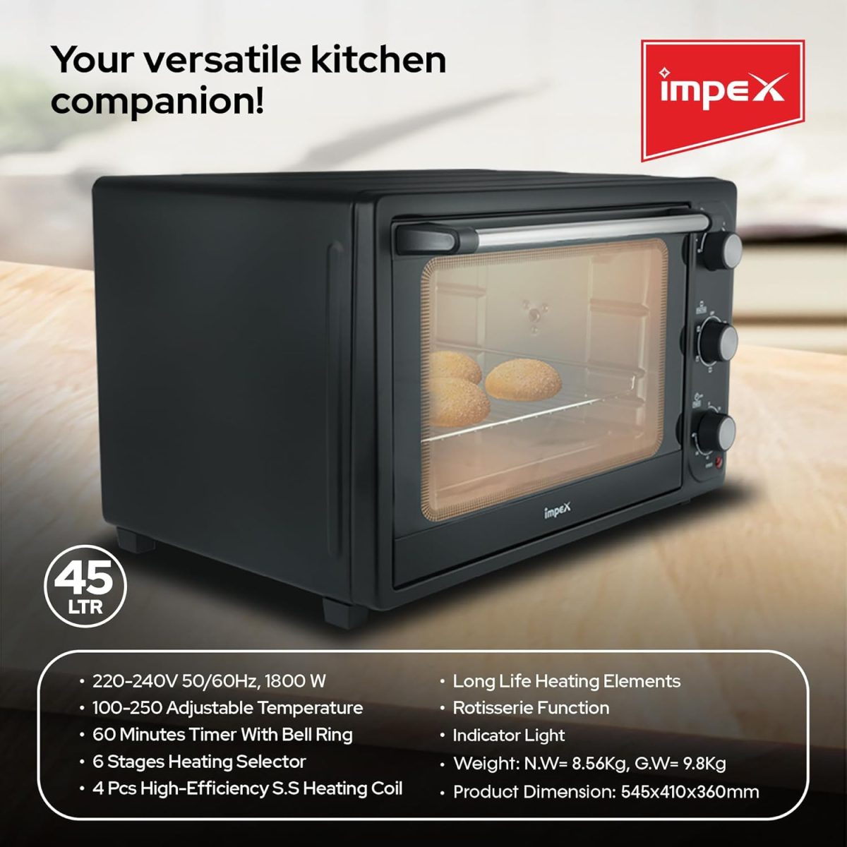 ⁦Impex - 45 Liter Electric Oven, Rotisserie Function | Baking, Toasting & Grilling | 1800W - OV 2902 | امبكس - فرن كهربائي 45 لتر ، وظيفة المشواة | الخبز والتحميص والشوي | 1800 واط⁩ - الصورة ⁦7⁩