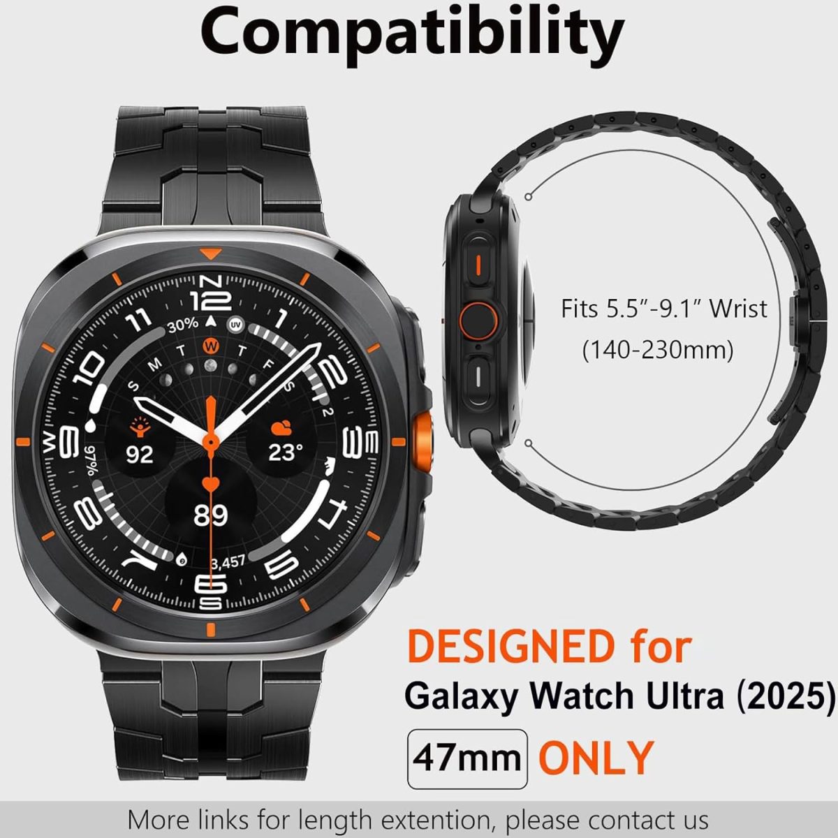 ⁦Newentor No Gaps Bands Compatible with Samsung Galaxy Ultra 2025 Strap Stainless Steel Metal Replacement Watch 8 47mm Strap Women Men Black⁩ - الصورة ⁦2⁩