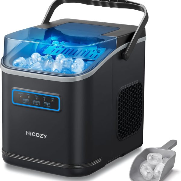 HiCOZY Clear View Ice Maker Countertop, Self-Cleaning Ice Machine with Ambient Lights, Ice in 6Mins, 26 lbs/Day, 2 Sizes of Bullet Ice for Apartment/Kitchen/Office/Home Bar