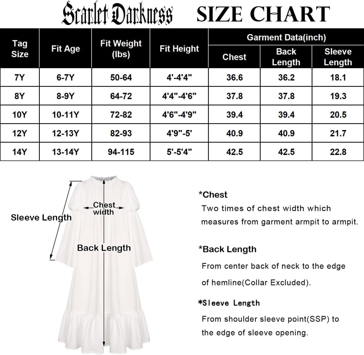 ⁦Scarlet Darkness Girls Renaissance Dress Medieval Peasant Long Sleeve Dresses⁩ - الصورة ⁦9⁩