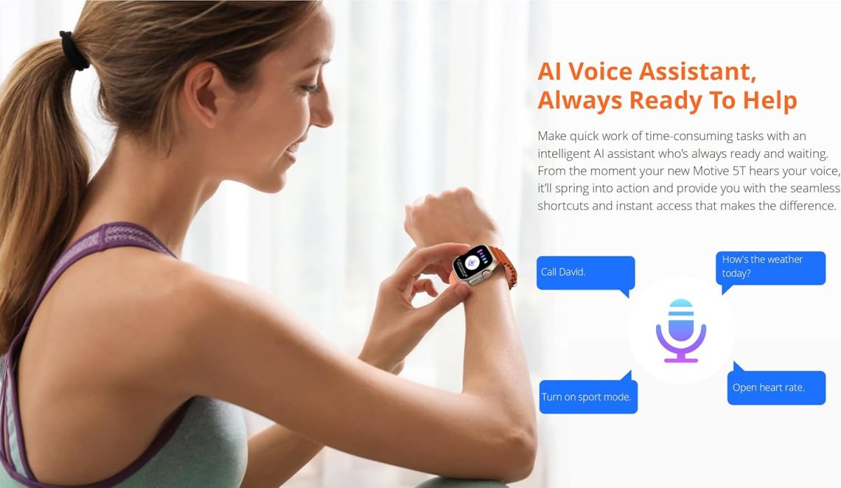 ⁦RIVERSONG Motive 5T Calling Smart Watch, 2.1 Inch Touch Display, Multisports Modes, 24h Health Management, AI Voice Assistant, Waterproof Watch for Android-iPhone iOS, Titanium + Orange Strap⁩ - الصورة ⁦4⁩