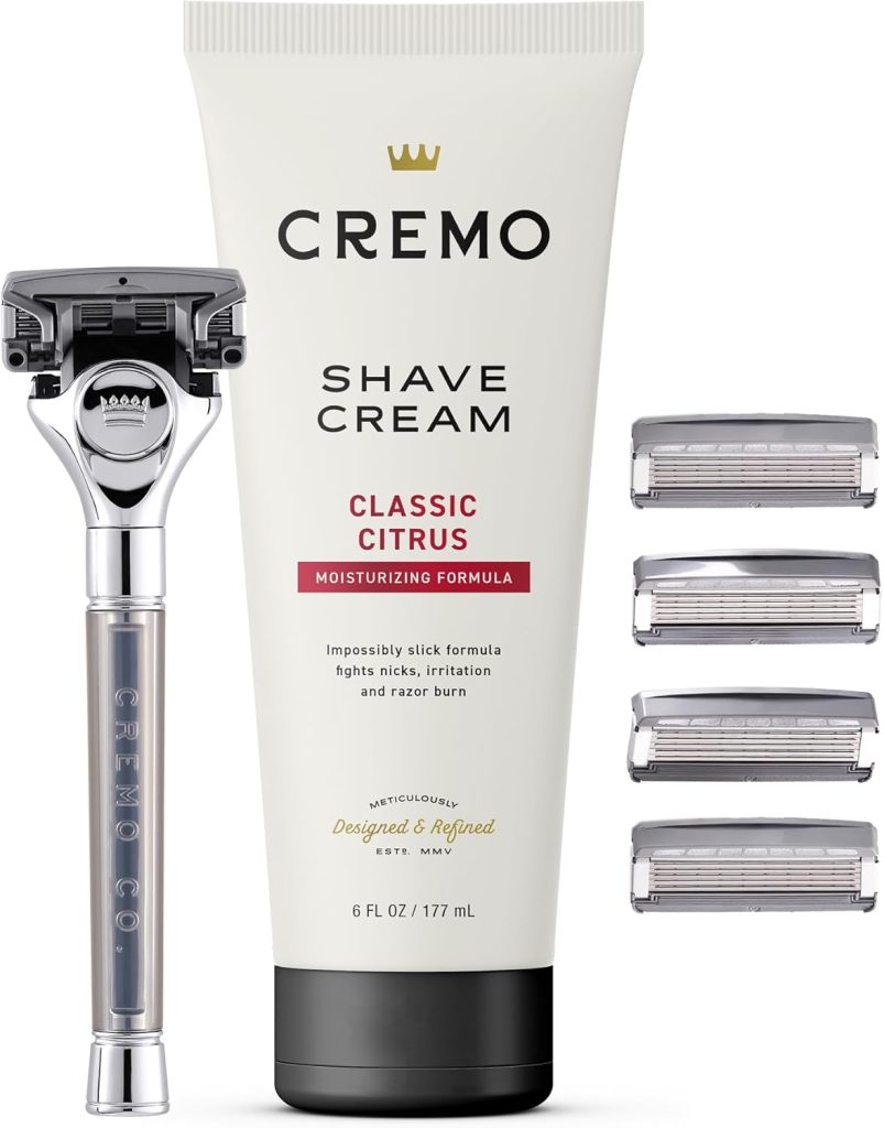 Cremo Original Shave Gift Set for Men, includes Impossibly-Slick 6 oz Shaving Cream, Chrome Barber Grade Razors for Men and four Razor Blades Refills