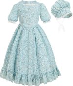 زي تنكري مستوحى من العصور القديمة للبنات، فستان براري بأكمام طويلة مزين بنمط زهور بتصميم مستوحى من الحقبة الاستعمارية للبنات بلون بينك من نووكي