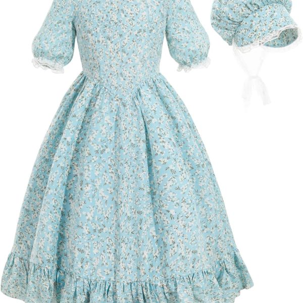 زي تنكري مستوحى من العصور القديمة للبنات، فستان براري بأكمام طويلة مزين بنمط زهور بتصميم مستوحى من الحقبة الاستعمارية للبنات بلون بينك من نووكي