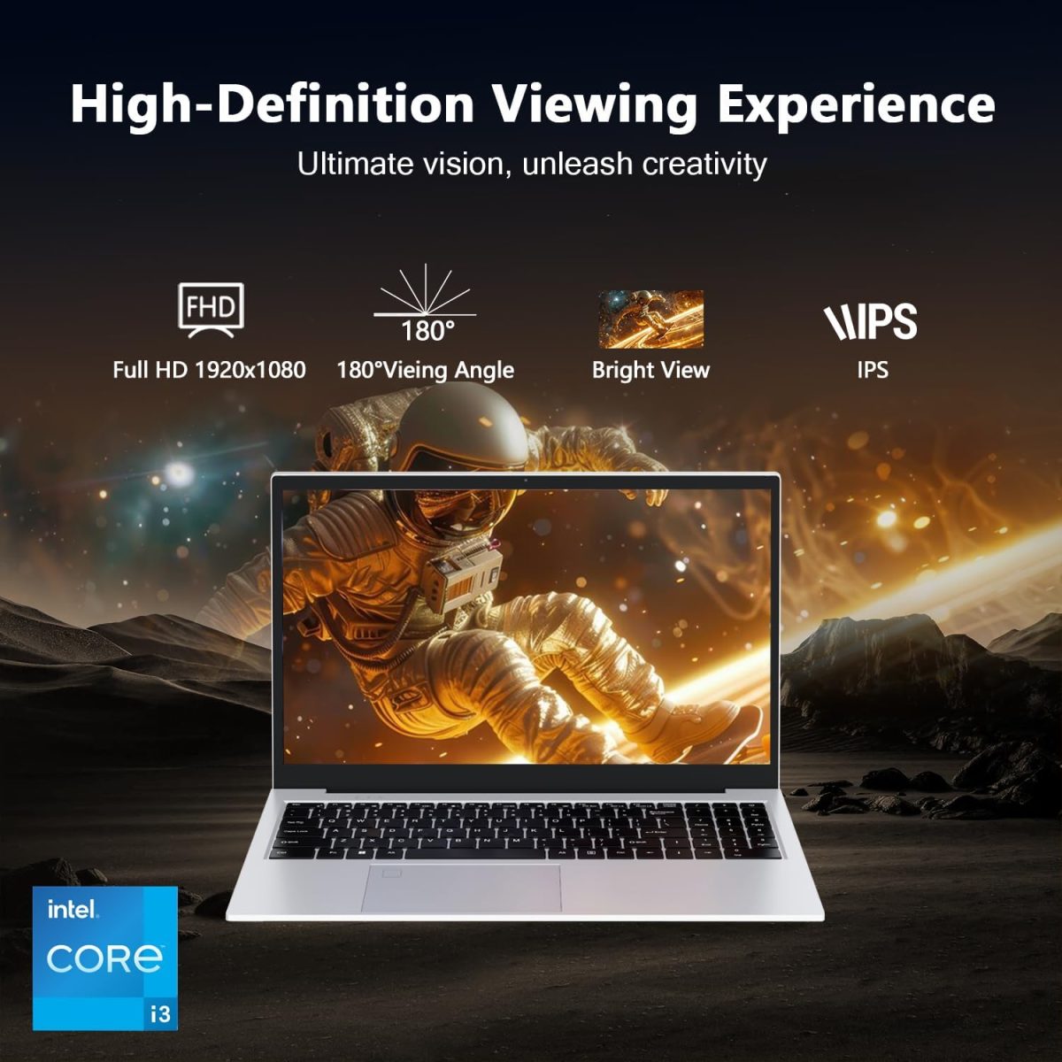 ⁦15.6" Laptop Gaming with Backlit Keyboard - Aluminum Portable Laptop Computer, Core i3 (2C/4T, Up to 3.2GHz), 12GB DDR4 RAM + 512GB NVMe SSD, FHD IPS 180° Viewing Angle, WiFi & Bluetooth-Space Grey⁩ - الصورة ⁦3⁩