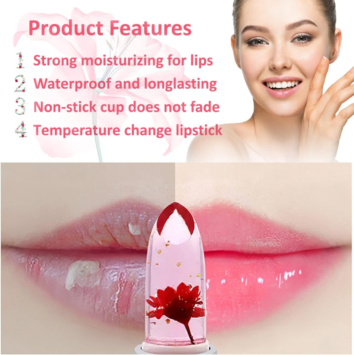 ⁦2 Pcs Crystal Flower Jelly Lipstick, Magic Color Changing, PH Clear Temperature Lip Gloss and Balm, Long Lasting Nourishing Moisturizing Lip Stick⁩ - الصورة ⁦5⁩