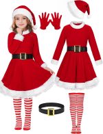 AOTHSO 5 Pack Girls Christmas Santa Suit Dress Velvet Dress Costume with Belt Over Knee Socks Hat Gloves Santa Claus Cosplay