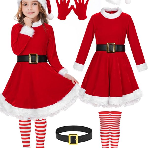 AOTHSO 5 Pack Girls Christmas Santa Suit Dress Velvet Dress Costume with Belt Over Knee Socks Hat Gloves Santa Claus Cosplay