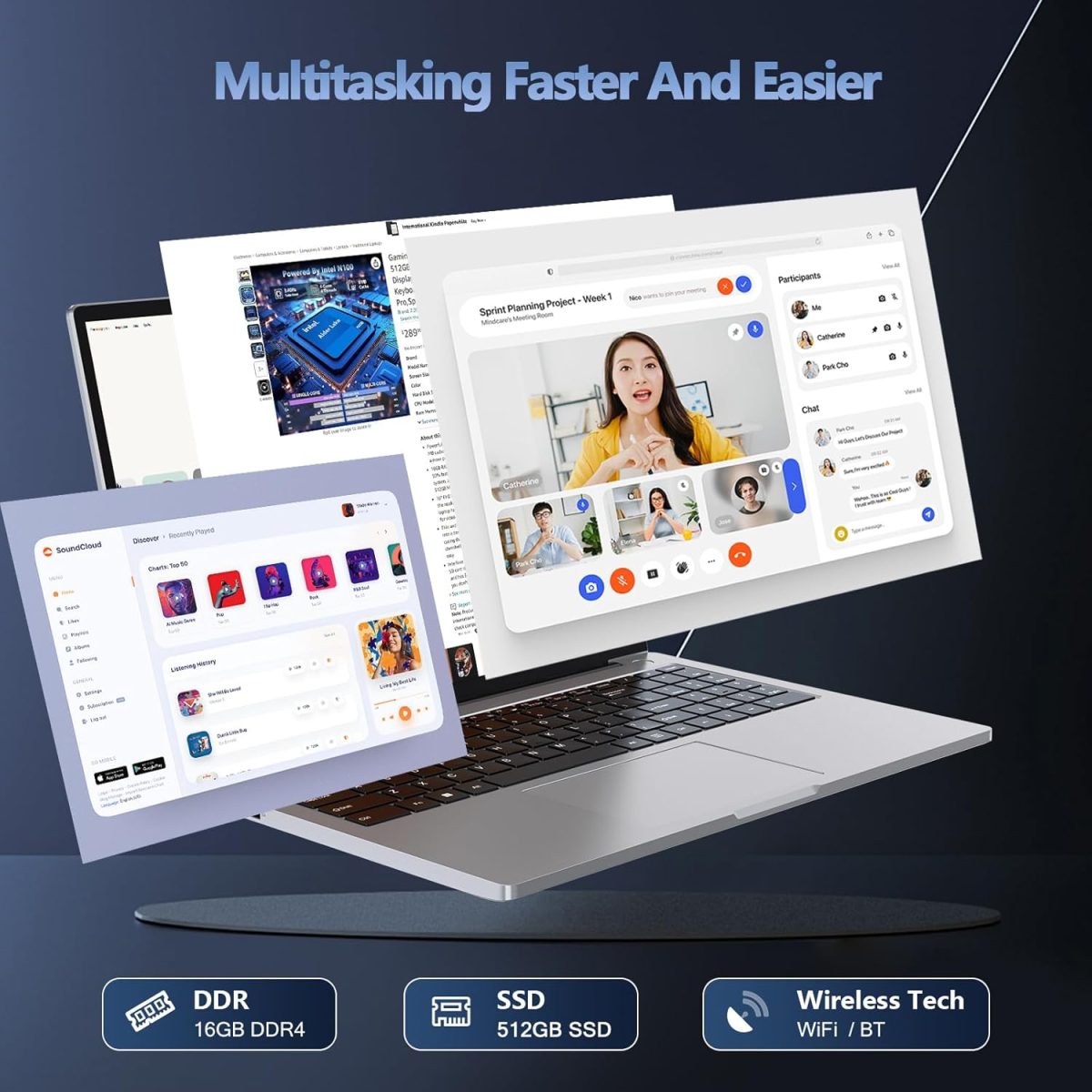 ⁦ZOLWAYTAC Gaming Laptop,Laptop Computer 16" FHD Display,16GB RAM 512GB SSD with N100 Processor(Up to 3.4GHz),Professional Edition,BT5.0 HDMI,Supports Type C Charging,WiFi,SpaceGray⁩ - الصورة ⁦7⁩