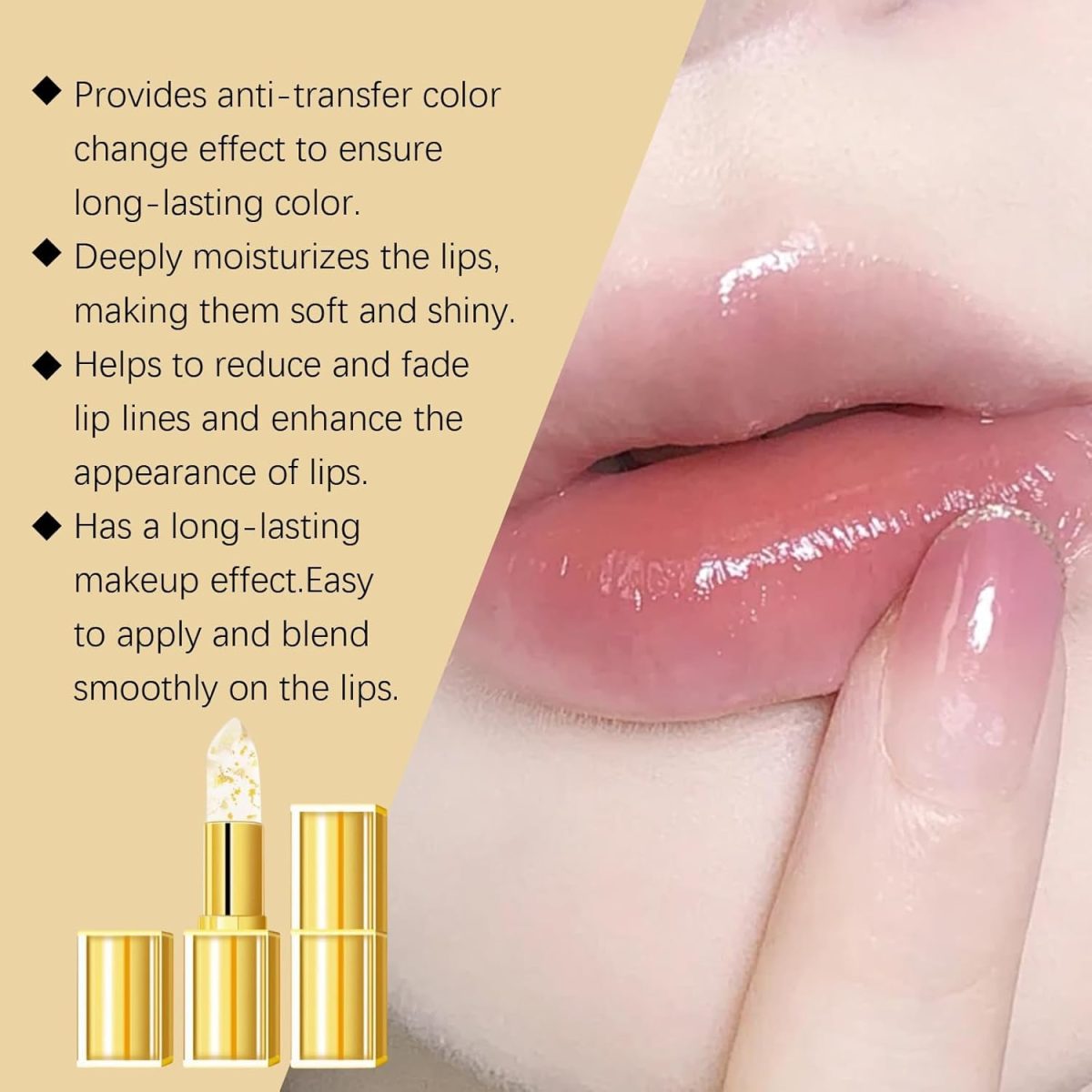 ⁦Transfer-Proof Color Changing Lipstick with Gold Foil, Gold Crystal Color Changing Lip Stick,PH Adjusting Lipsticks,Moisturizing Glossy Lip Gloss,Tinted Li/p Balm,Plumping/Glitter Lip G/loss⁩ - الصورة ⁦7⁩