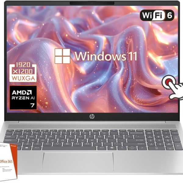 HP Pavilion 16" Touchscreen Laptop, AMD Ryzen 7 8840U, WUXGA (1920 x 1200), 16GB LPDDR5-6400Mhz RAM, 1TB PCIe SSD, Copilot PC, Wi-Fi 6, 1080p Webcam, Windows 11, w/Office 365