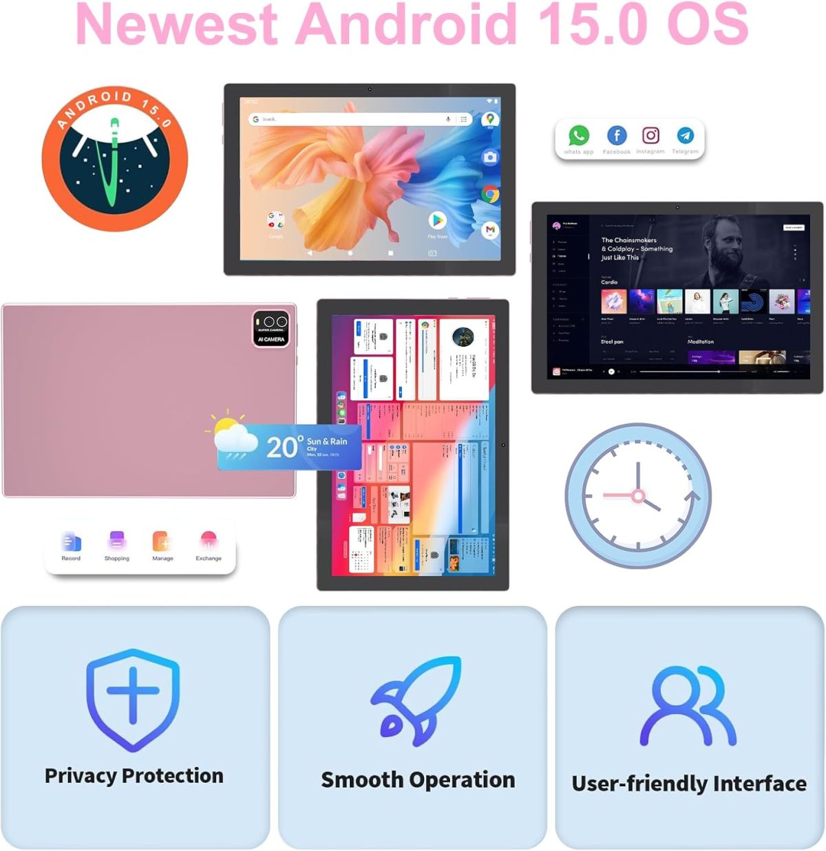 ⁦Android 15 Tablet,10 inch Tablets, 18GB RAM+128GB ROM/2TB Expandable, 2 in 1 Tablets with Keyboard Case, 1280x800 IPS Display Screen, 5G Wi-Fi6, Dual Camera, 6000mAh Battery BT5 Widevine L1 (Pink)⁩ - الصورة ⁦5⁩