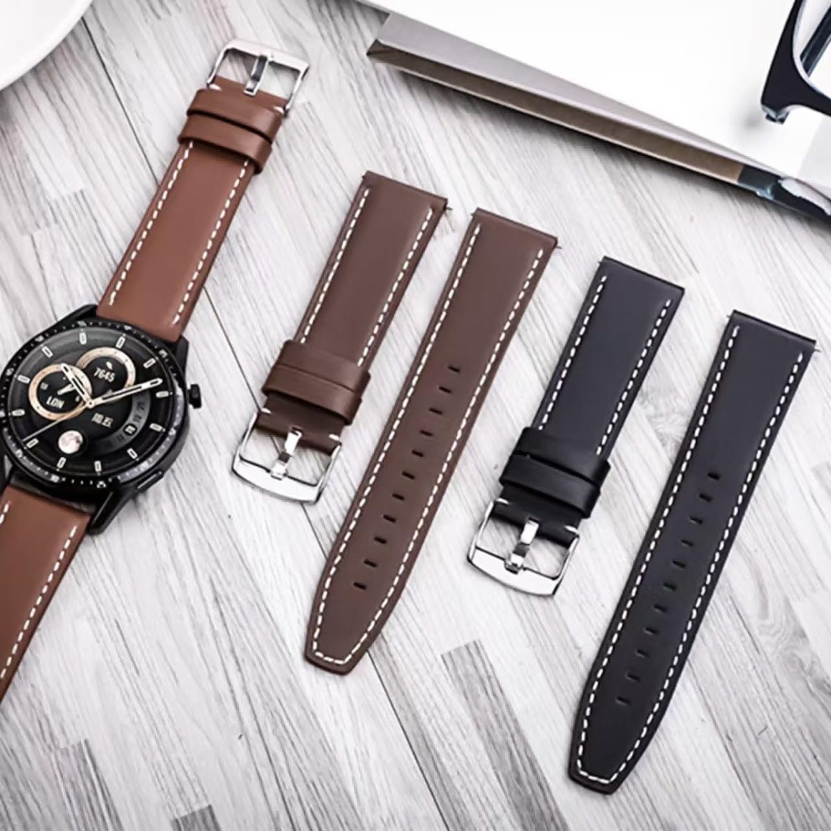 Black 22mm Genuine Leather Watch Strap Classic Vintage Band with Stainless Steel Buckle for Men