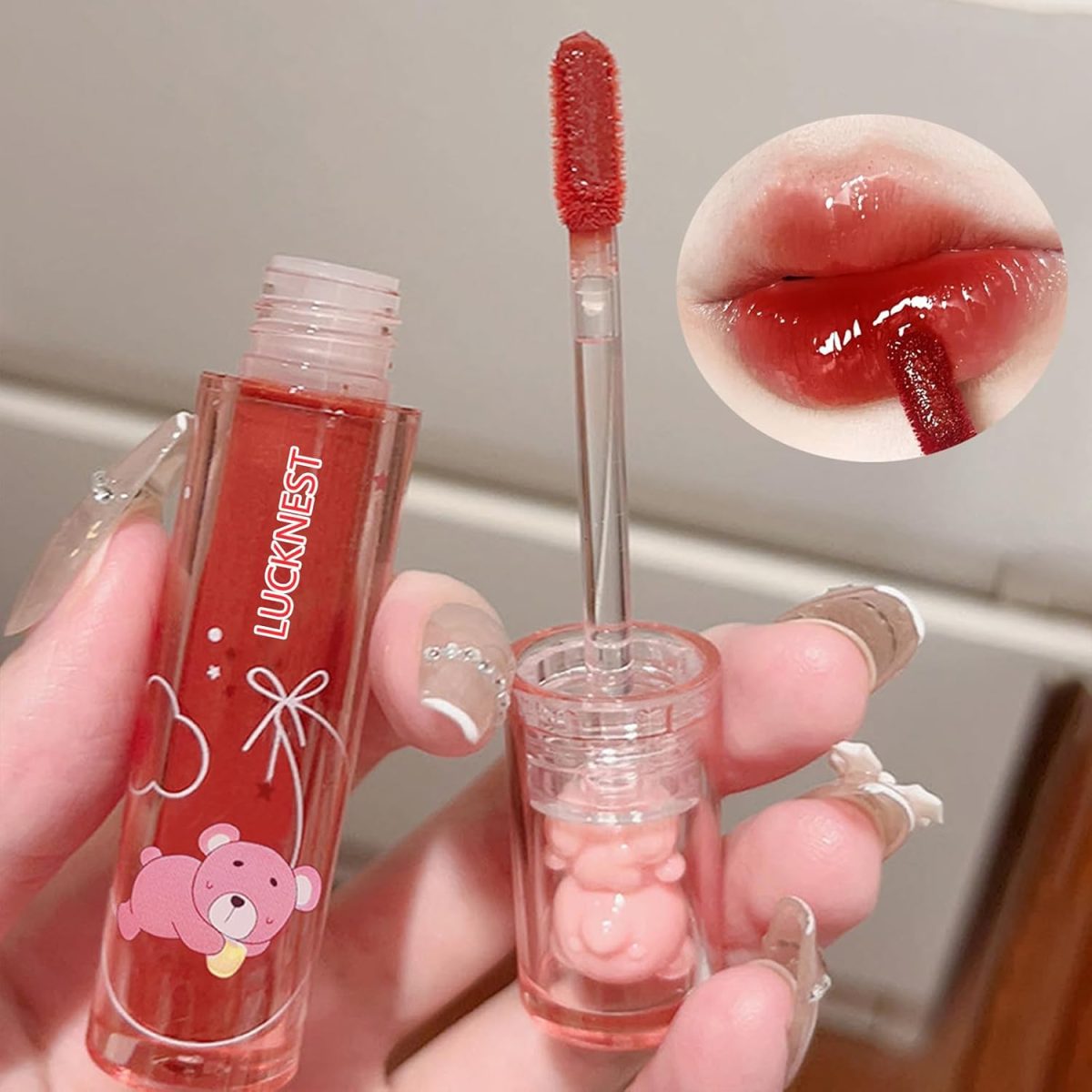 ⁦LuckNest 6Pcs Bear Lip Glaze Jelly Lipstick, Liquid Lipstick Cute Bear Lipgloss Moisturizing Lip Stain Plumping Water Lip Gloss Waterproof Long Lasting Cheek Rouge Tint Cosmetics Beauty Makeup⁩ - الصورة ⁦3⁩